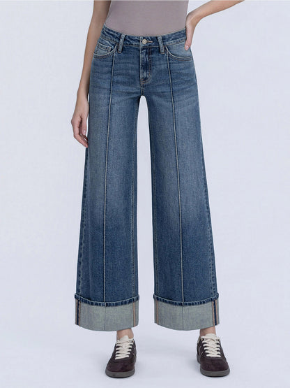Mid-Rise Pin Tuck Cuffed Wide Jeans