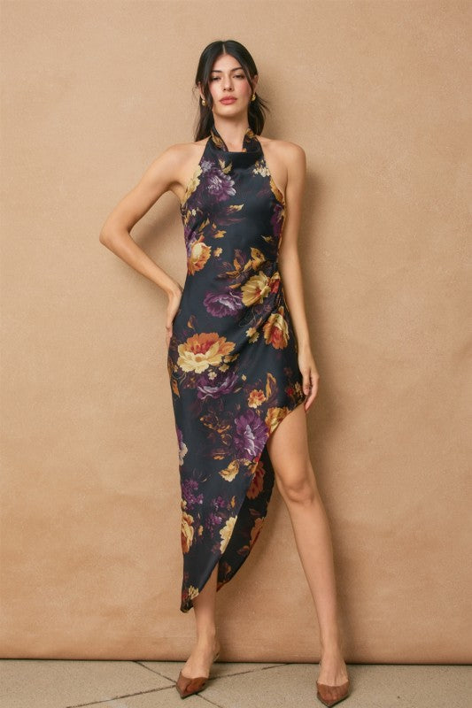 Floral Halter Side Pleated Maxi Dress