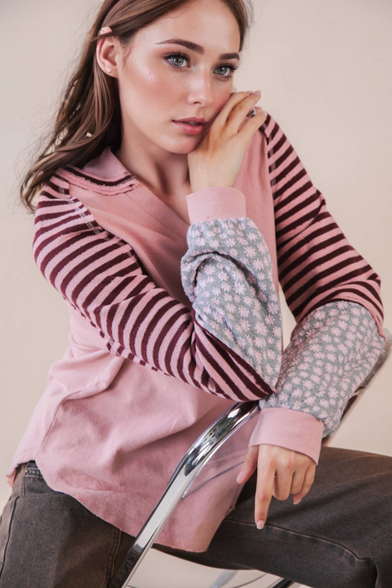 Oversized Floral & Stripe Casual Knit Top