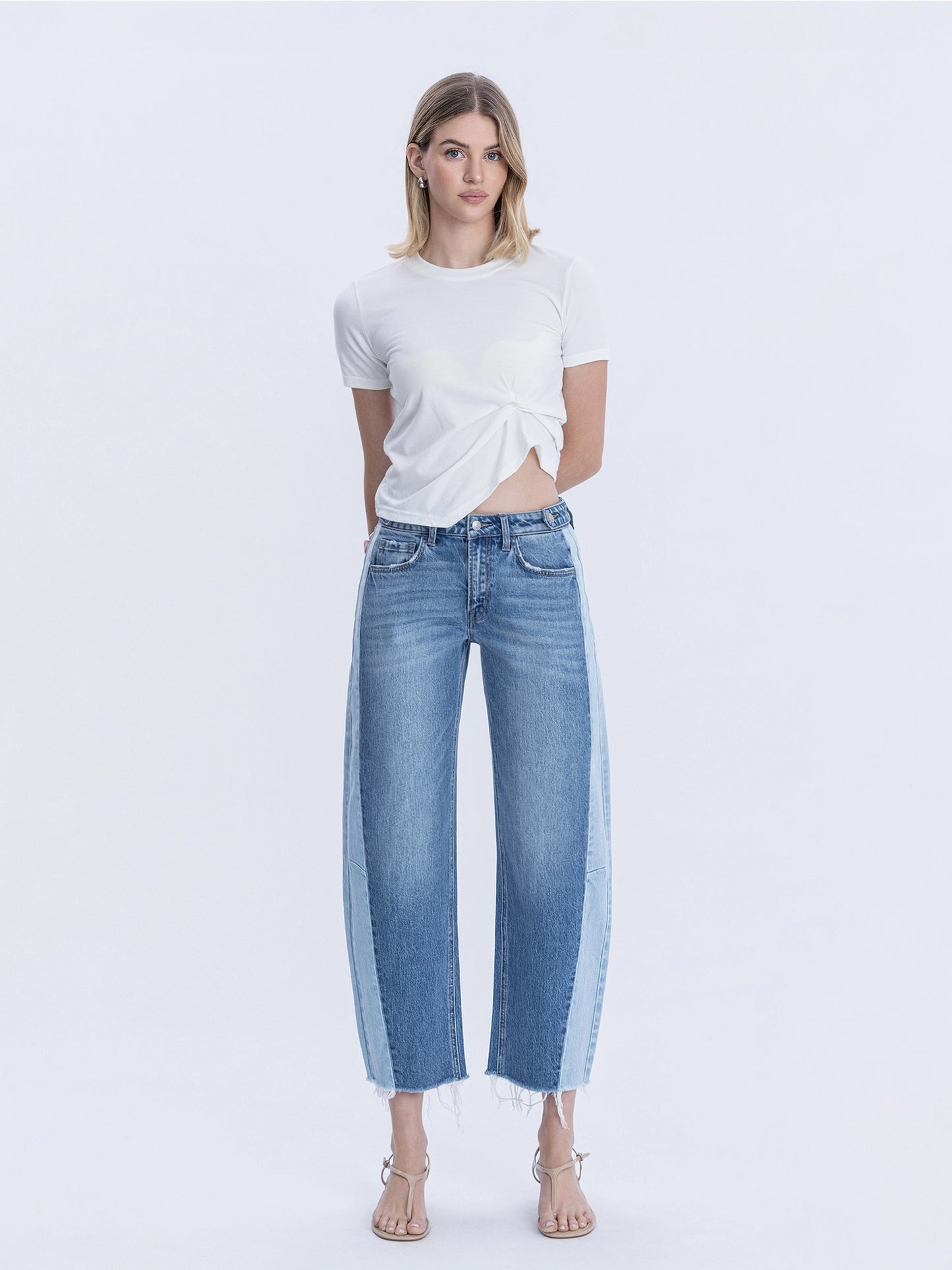 High Rise Two Tone Barrel Leg Jeans