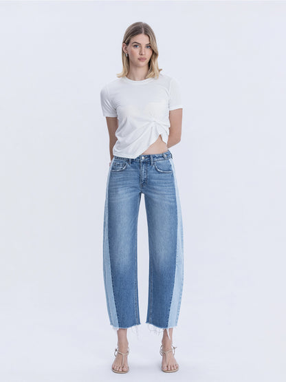 High Rise Two Tone Barrel Leg Jeans