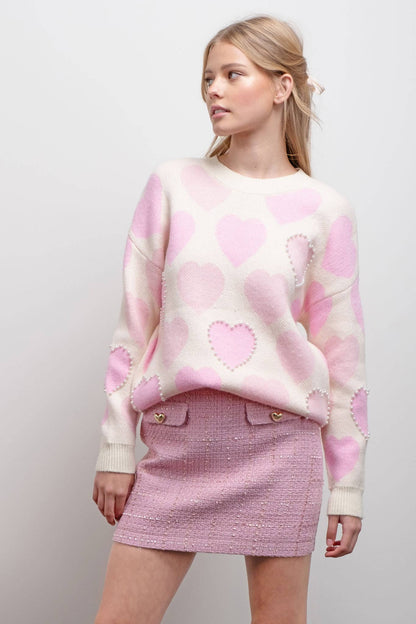 Heart Pattern Pearl Detail Knit Sweater