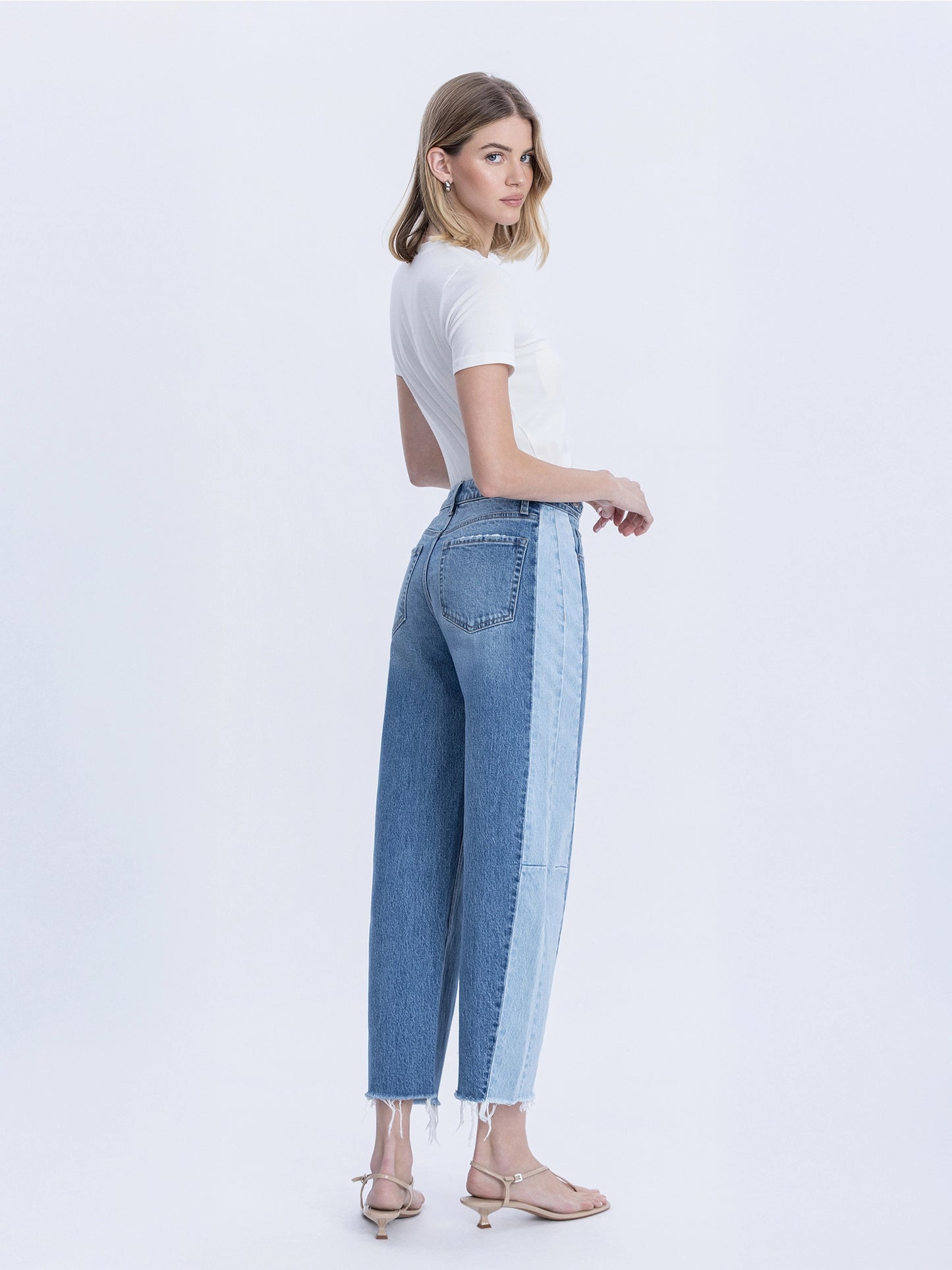 High Rise Two Tone Barrel Leg Jeans
