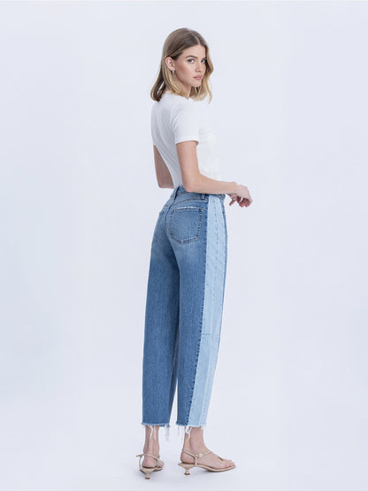 High Rise Two Tone Barrel Leg Jeans