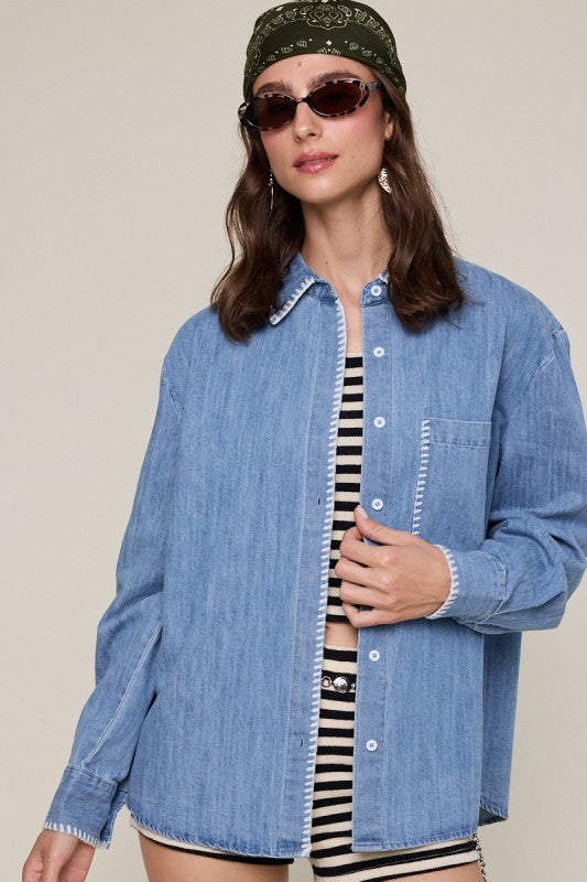 Embroidered Detail Oversized Denim Shirt
