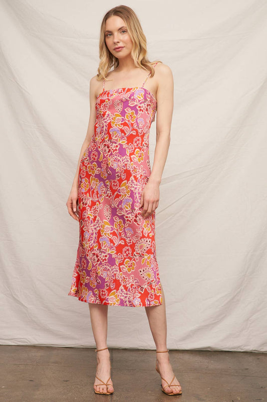 Sleeveless Floral Satin Midi Dress