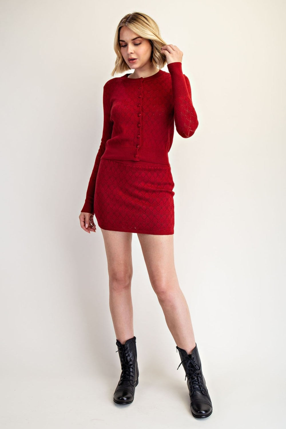 Openwork Button Down Sweater Mini Skirt
