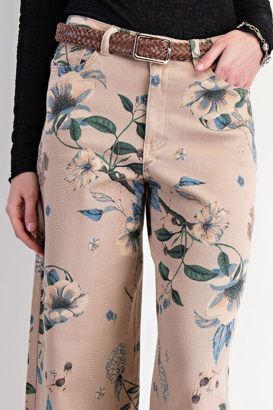 Floral Printed Stretch Twill Pants