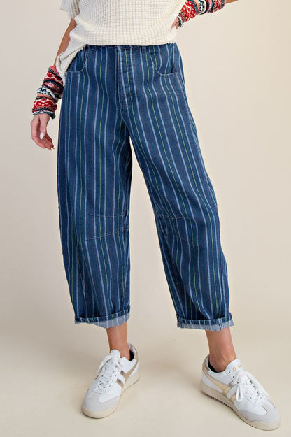 Striped Washed Barrel Denim Pants