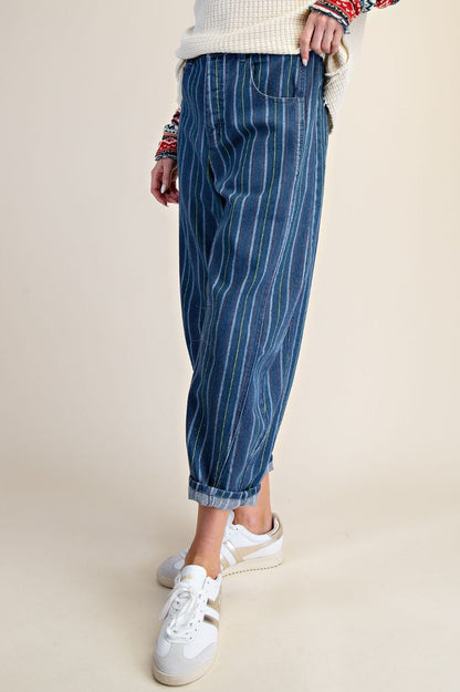 Striped Washed Barrel Denim Pants