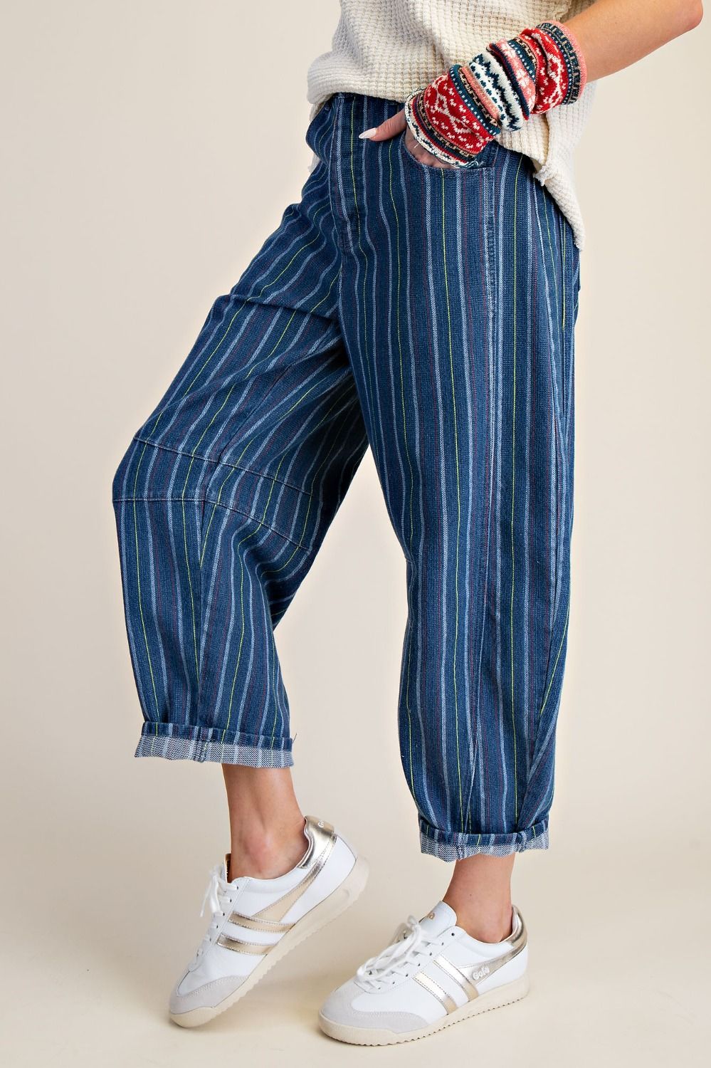 Striped Washed Barrel Denim Pants