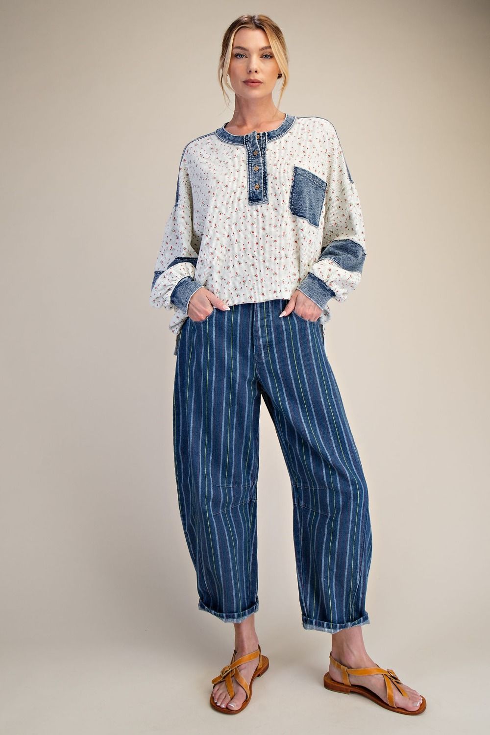Striped Washed Barrel Denim Pants