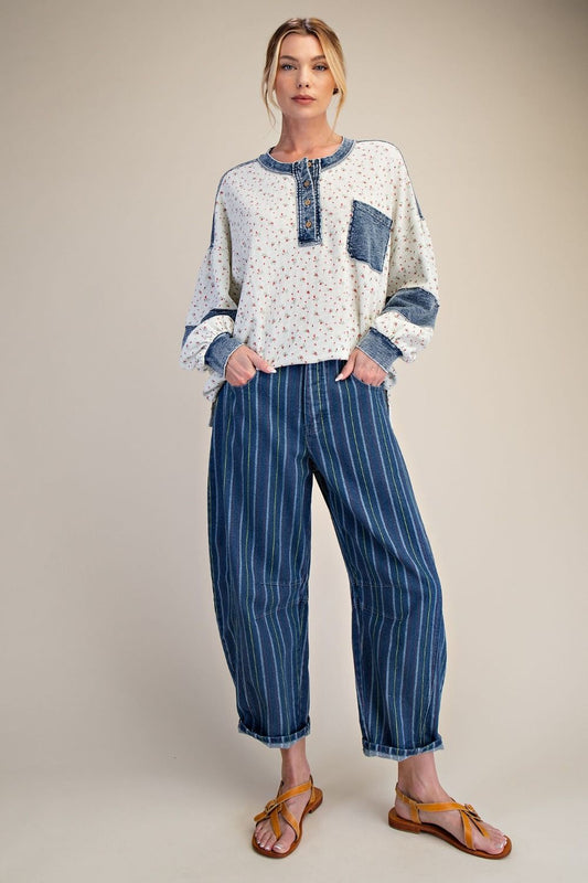 Striped Washed Barrel Denim Pants