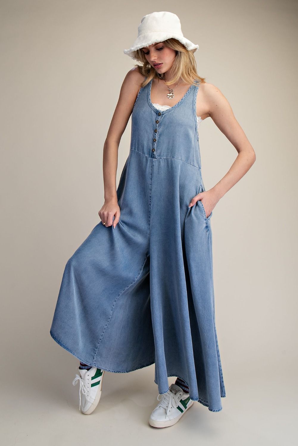 Washed Chambray Palazzo Overalls