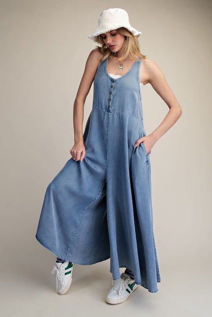 Washed Chambray Palazzo Overalls