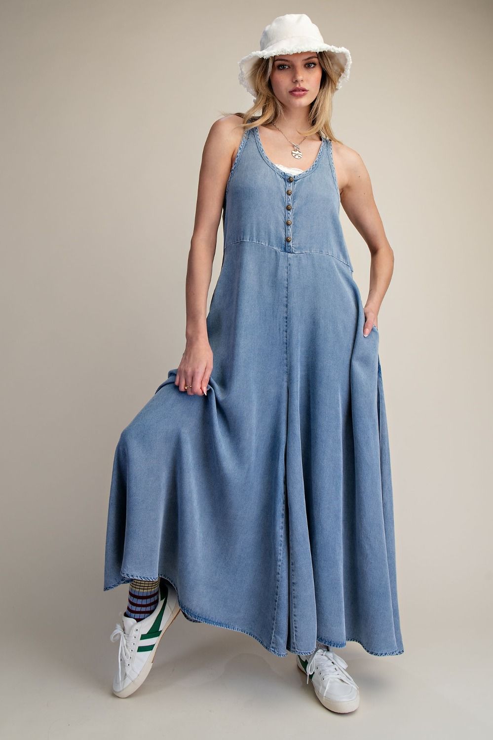 Washed Chambray Palazzo Overalls