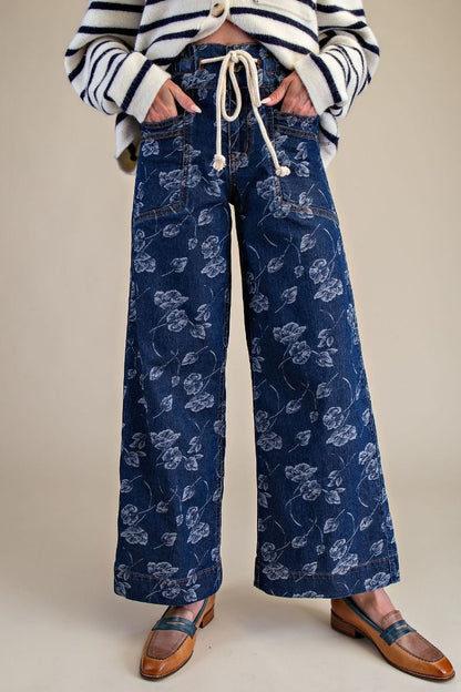Floral Printed Washed Denim Pants