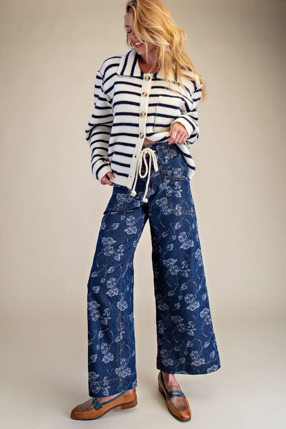 Floral Printed Washed Denim Pants