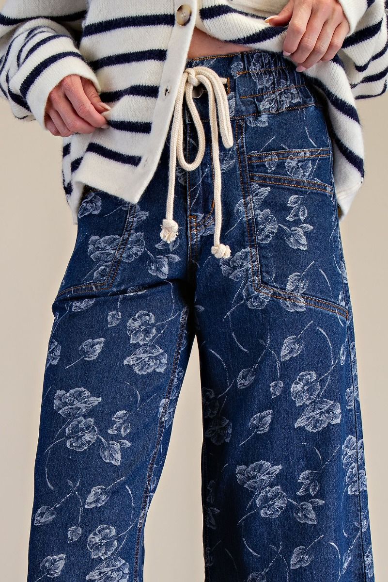 Floral Printed Washed Denim Pants