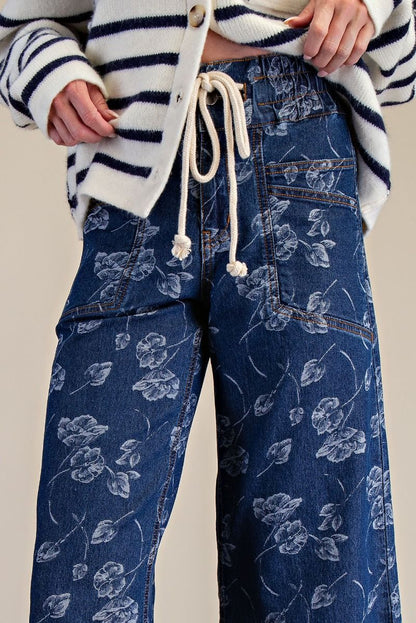 Floral Printed Washed Denim Pants