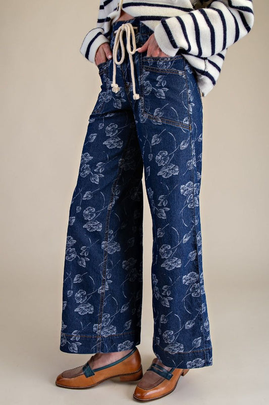 Floral Printed Washed Denim Pants