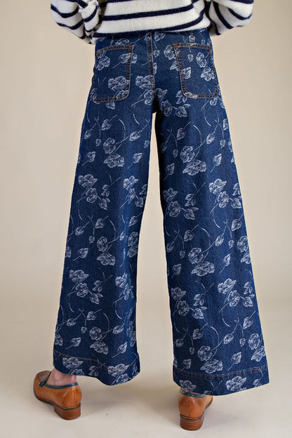 Floral Printed Washed Denim Pants