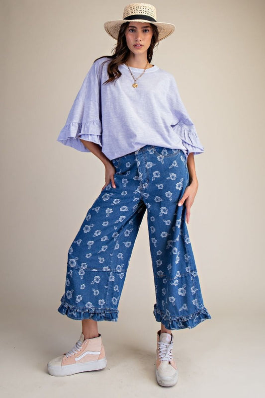 Flower Jacquard Ruffle Jeans