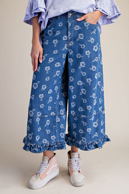 Flower Jacquard Ruffle Jeans