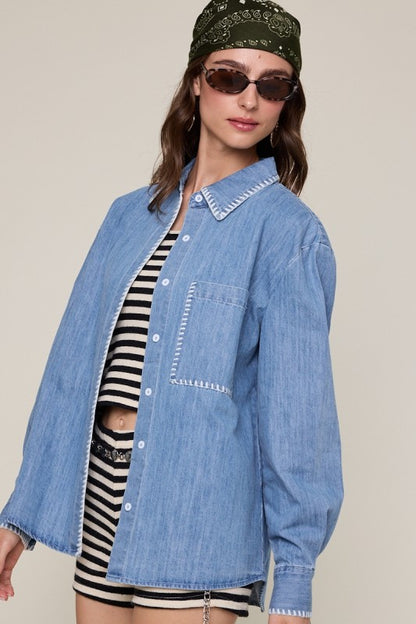 Embroidered Detail Oversized Denim Shirt