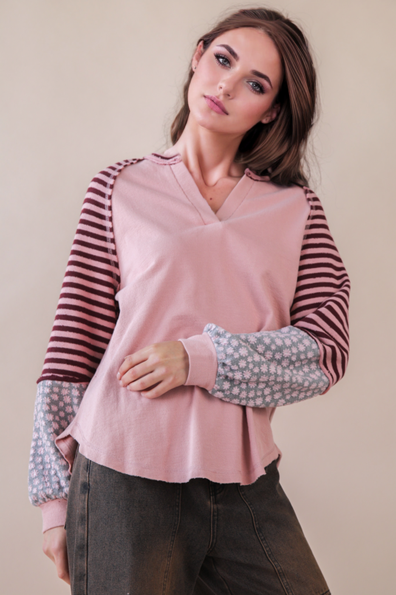 Oversized Floral & Stripe Casual Knit Top