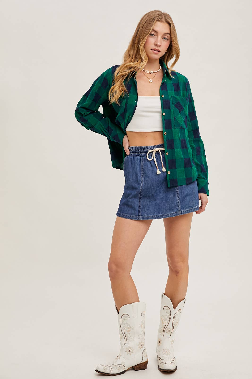 Denim Drawstring Skort With Pockets