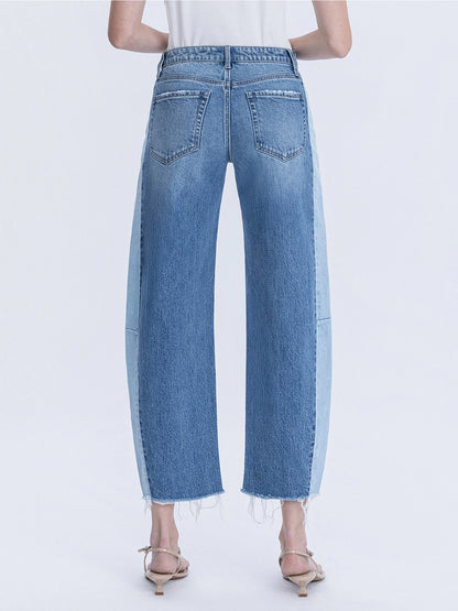 High Rise Two Tone Barrel Leg Jeans