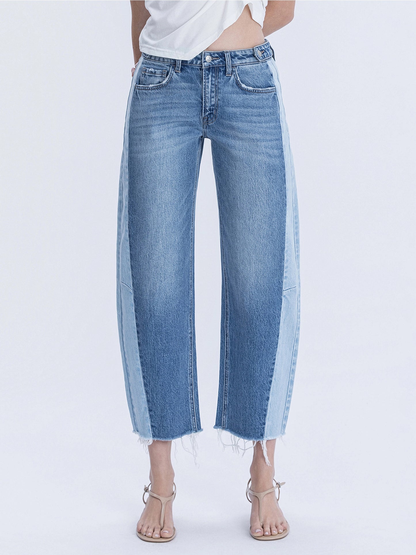 High Rise Two Tone Barrel Leg Jeans