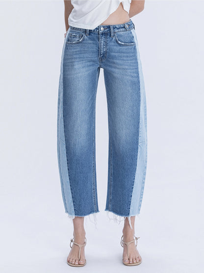 High Rise Two Tone Barrel Leg Jeans
