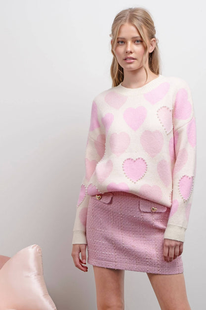 Heart Pattern Pearl Detail Knit Sweater